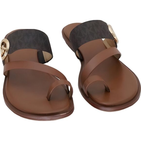 Michael Kors Vera Toe-Ring Slide Sandals Brown Logo Hardware US 8.5M - Picture 1 of 6